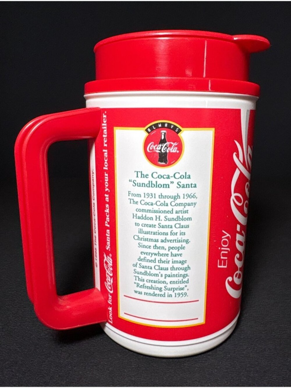 Whirley Coca-Cola Classic Christmas 1995 Sundblom Santa Plastic Mug Red Vintage - Picture 3 of 13